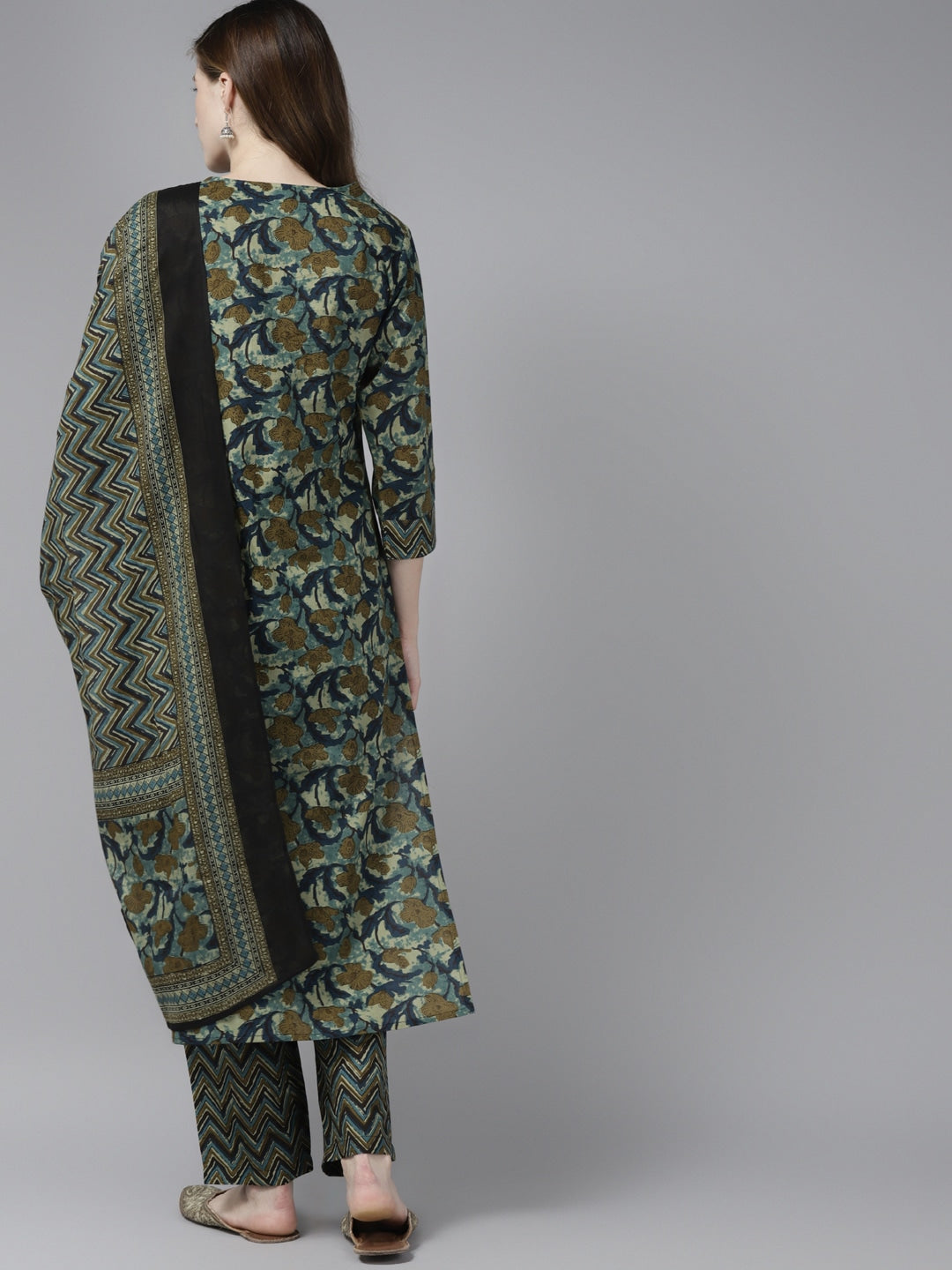 Olive Green Printed Dupatta Set-Yufta Store-9406SKDGRS