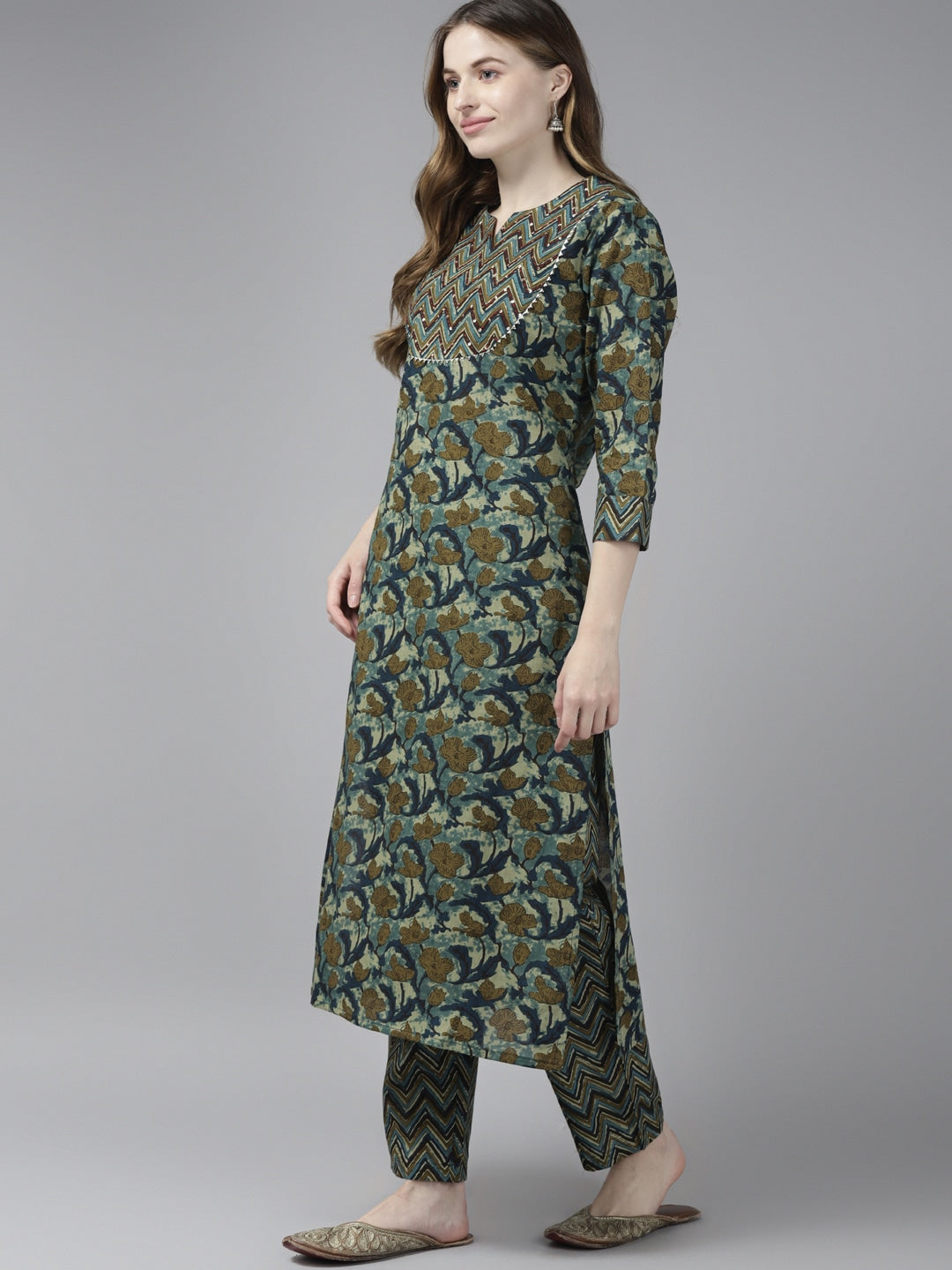 Olive Green Printed Dupatta Set-Yufta Store-9406SKDGRS