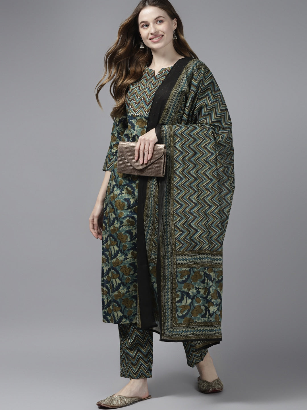 Olive Green Printed Dupatta Set-Yufta Store-9406SKDGRS