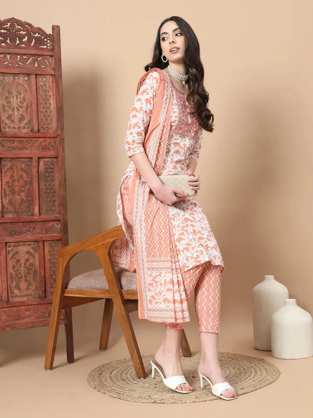 Orange Floral,Sequins_Work Straight Kurta Trouser And Dupatta Set-Yufta Store-1752SKDORS