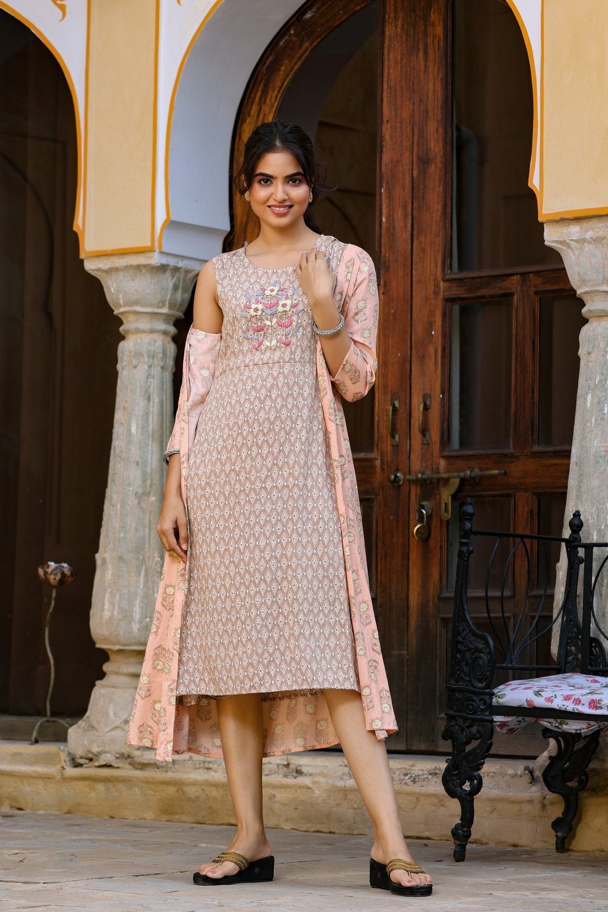 Orange Printed & Embroidered Dress-Yufta Store-4602DRSORS