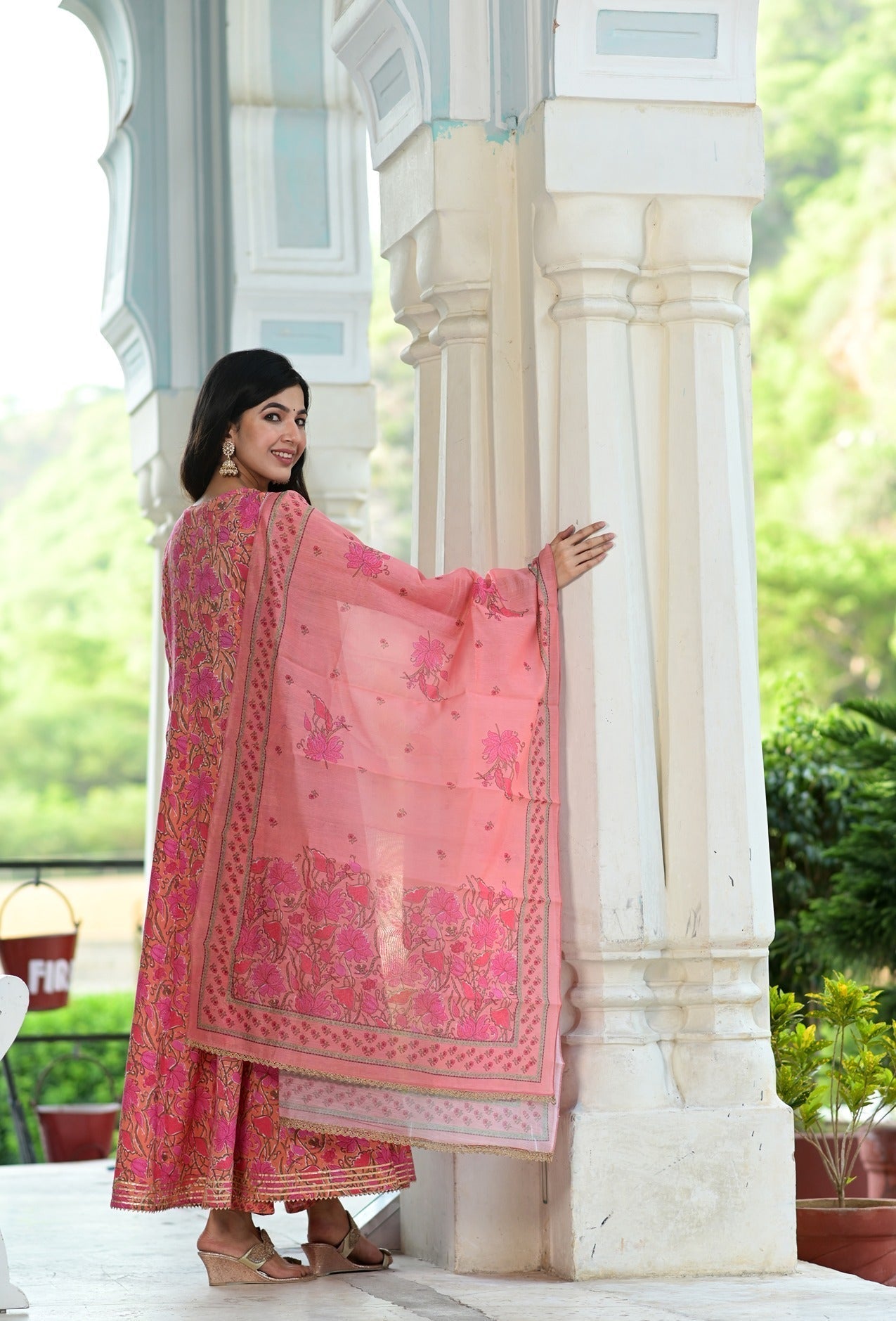 PINK HANDBLOCK DUPATTA SET-Yufta Store-2343SKDPKM