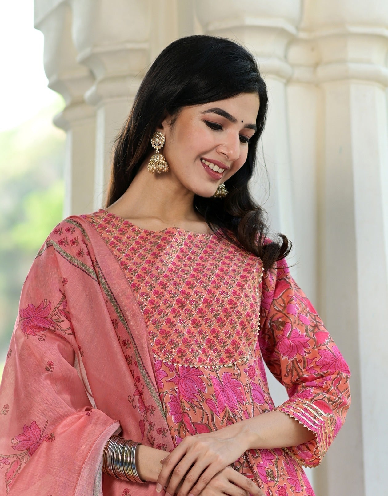 PINK HANDBLOCK DUPATTA SET-Yufta Store-2343SKDPKM