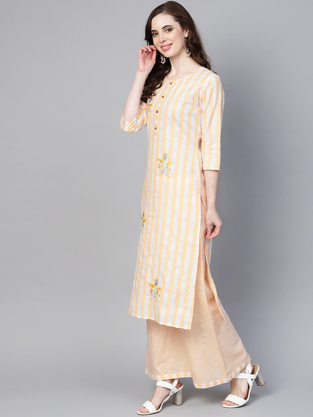 Peach-Coloured & White Kurta with Palazzo-Yufta Store-YUFGKKU732YLS