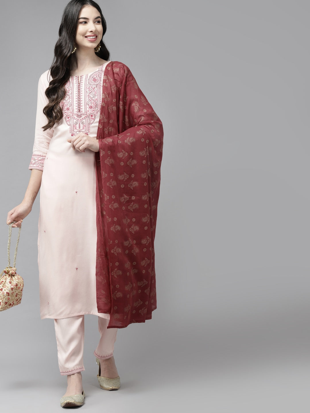 Peach Embroidered Dupatta Set-Yufta Store-9115SKDPCS