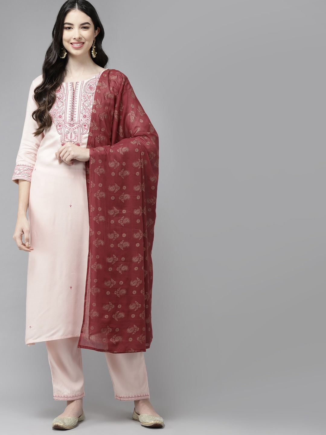 Peach Embroidered Dupatta Set-Yufta Store-9115SKDPCS