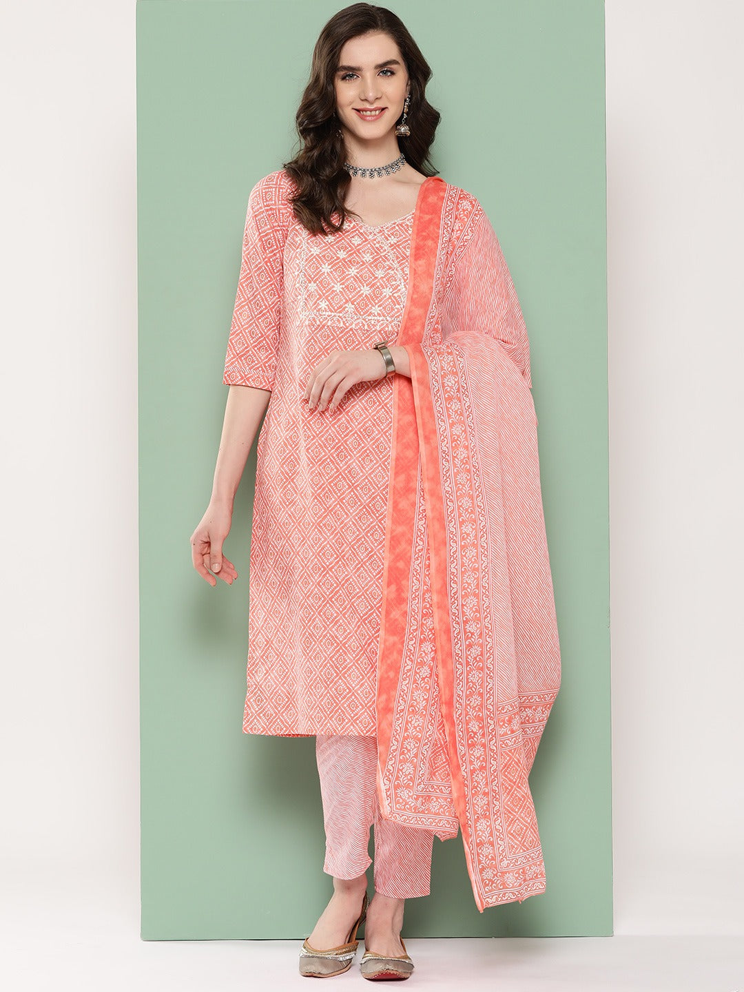 Peach Ethnic Motifs Embroidered Kurta with Trousers & Dupatta-Yufta Store-1302SKDPCS