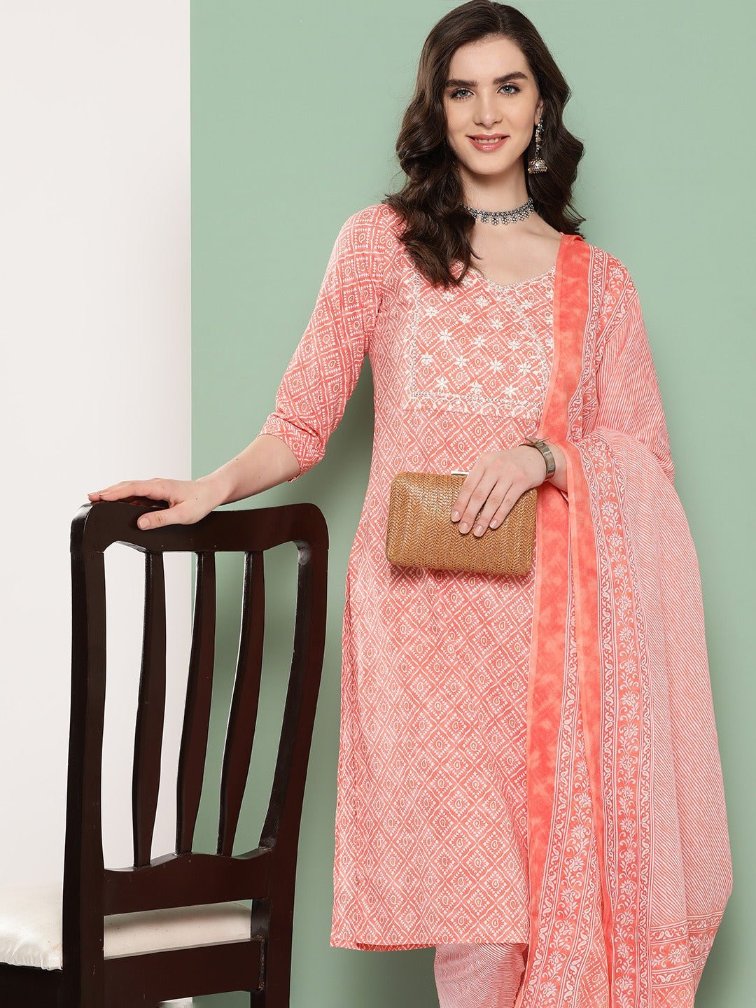 Peach Ethnic Motifs Embroidered Kurta with Trousers & Dupatta-Yufta Store-1302SKDPCS