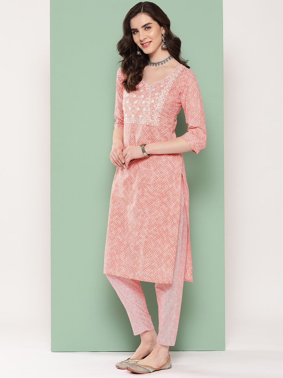 Peach Ethnic Motifs Embroidered Kurta with Trousers & Dupatta-Yufta Store-1302SKDPCS