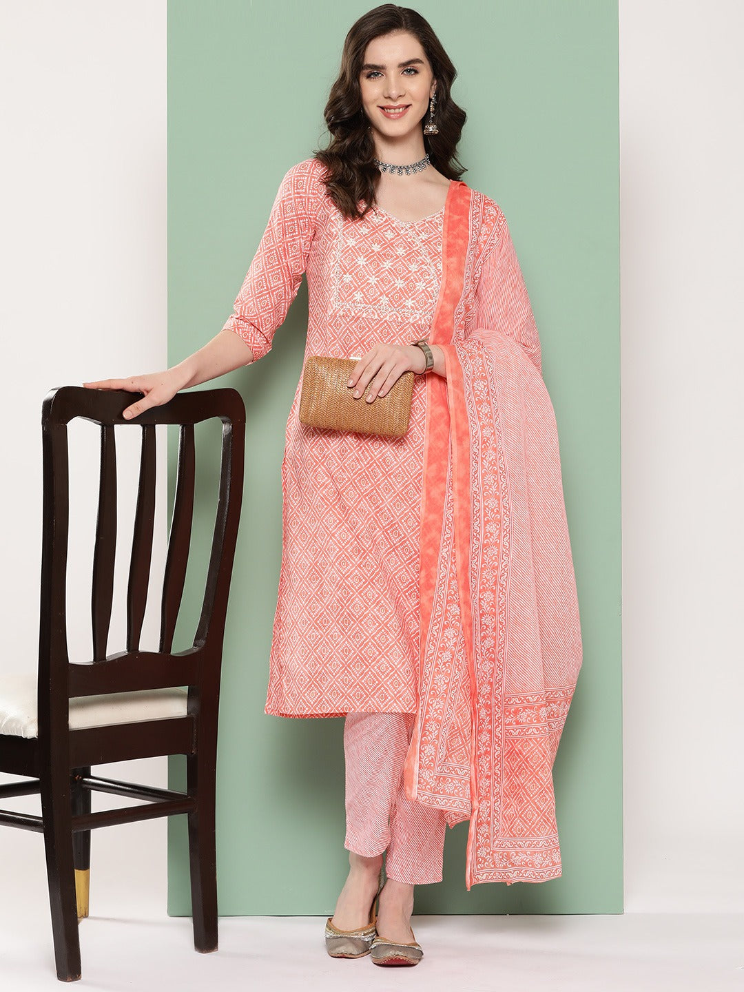 Peach Ethnic Motifs Embroidered Kurta with Trousers & Dupatta-Yufta Store-1302SKDPCS