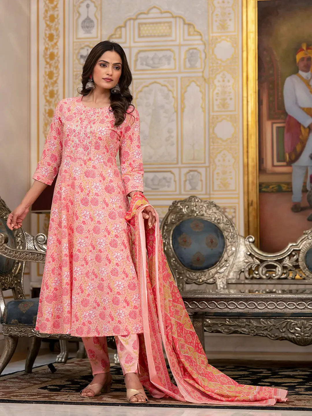 Peach Floral Print Anarkali Kurta Trouser And Dupatta Set-Yufta Store-6932SKDPCS