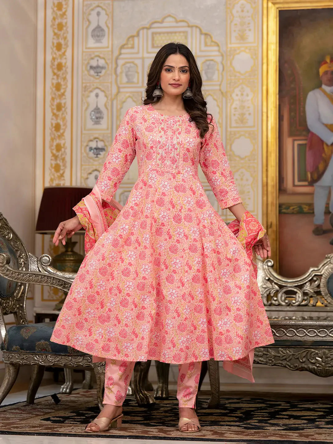 Peach Floral Print Anarkali Kurta Trouser And Dupatta Set-Yufta Store-6932SKDPCS