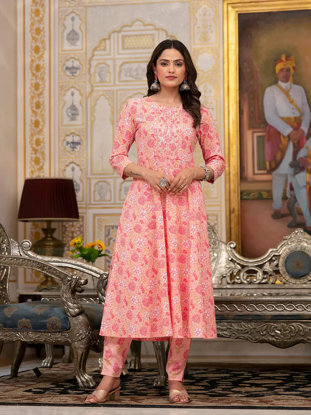 Peach Floral Print Anarkali Kurta Trouser And Dupatta Set-Yufta Store-6932SKDPCS