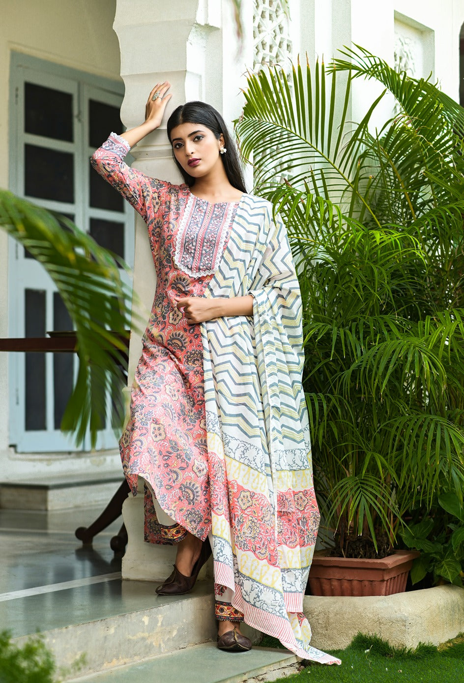 Peach Handblock Printed Dupatta Set-Yufta Store-3902SKDPCS