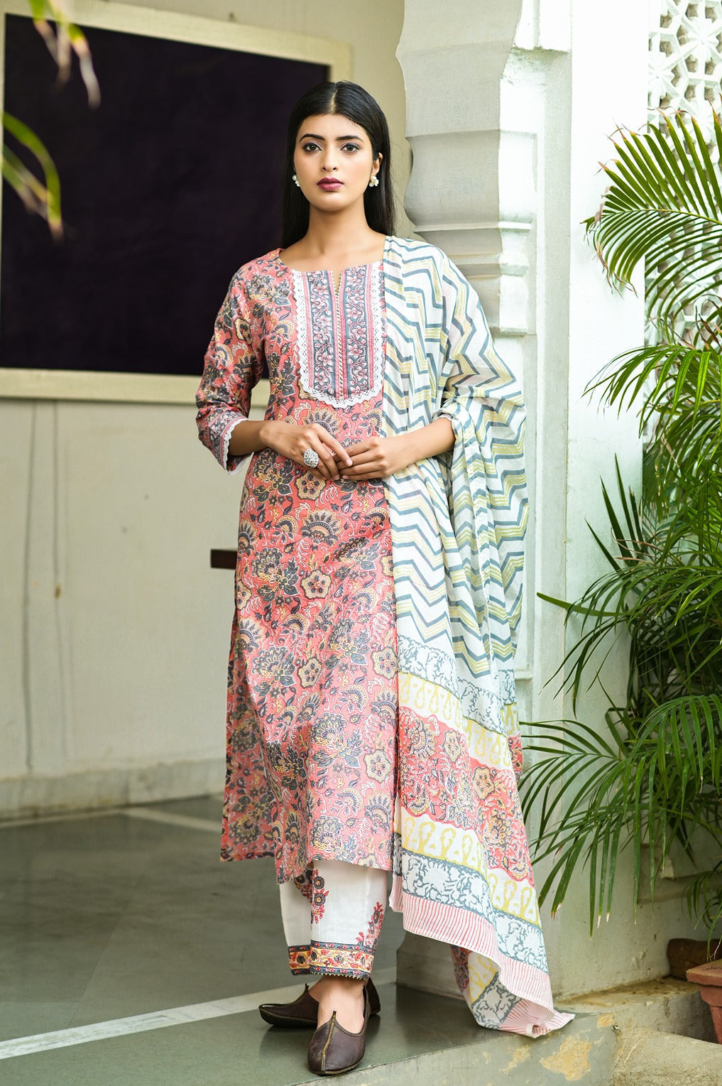 Peach Handblock Printed Dupatta Set-Yufta Store-3902SKDPCS