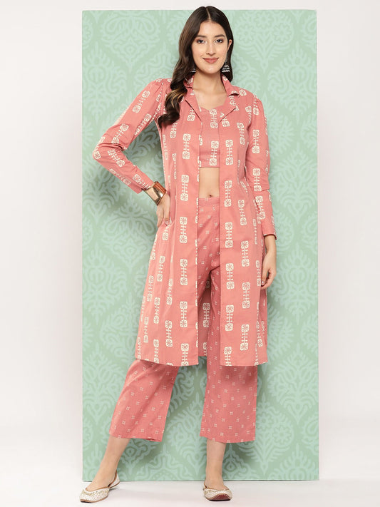 Peach Printed Cotton Top with Trousers with Shrug-Yufta Store-1520CRDPCS