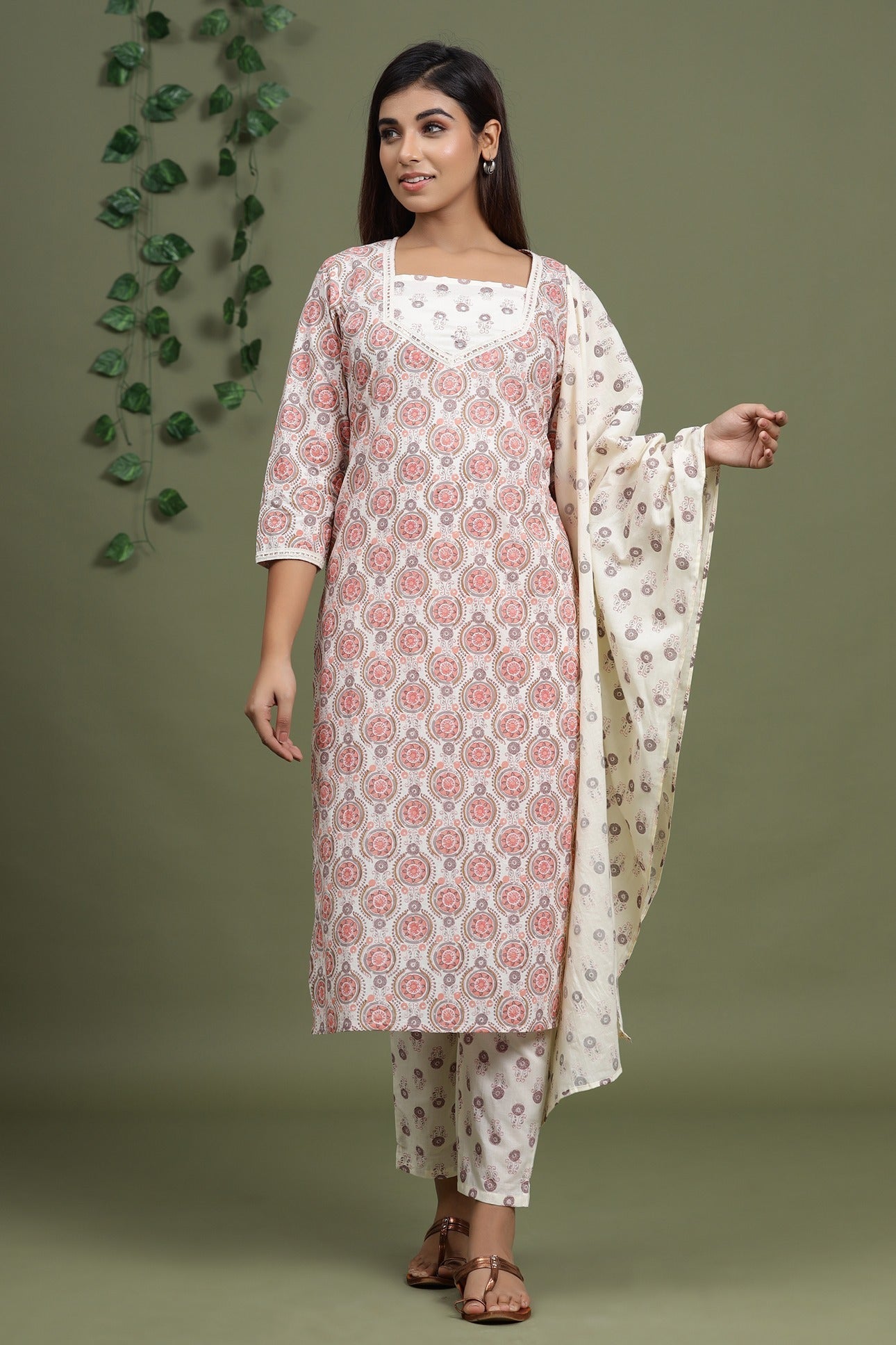 Peach Printed Dupatta Set-Yufta Store-2713SKDPCM