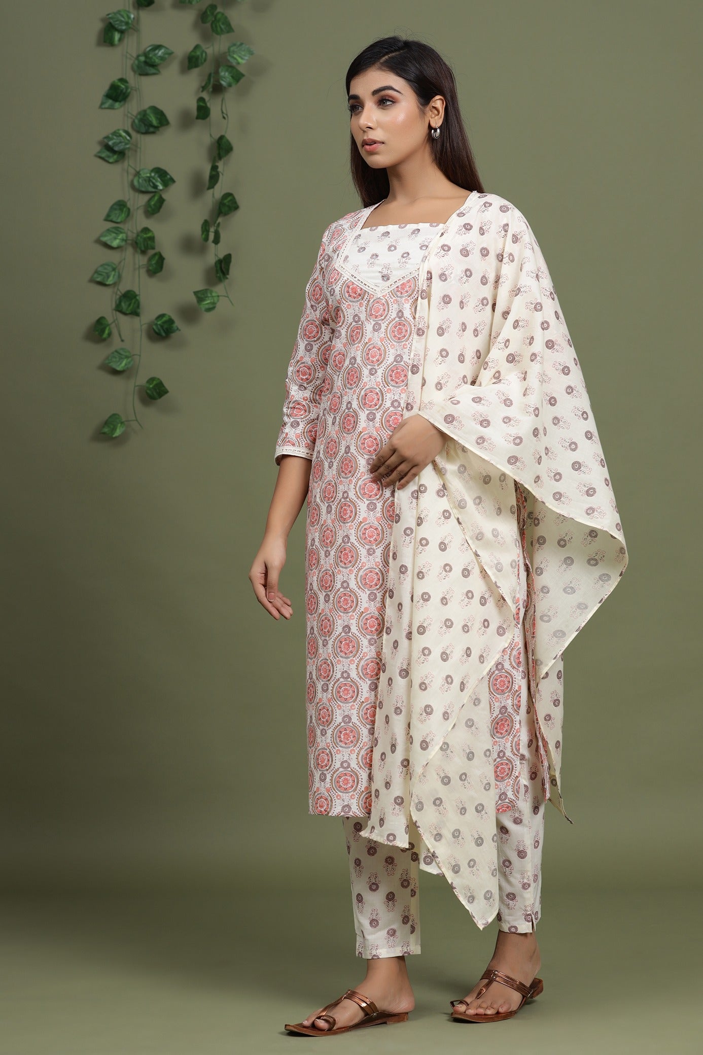 Peach Printed Dupatta Set-Yufta Store-2713SKDPCM