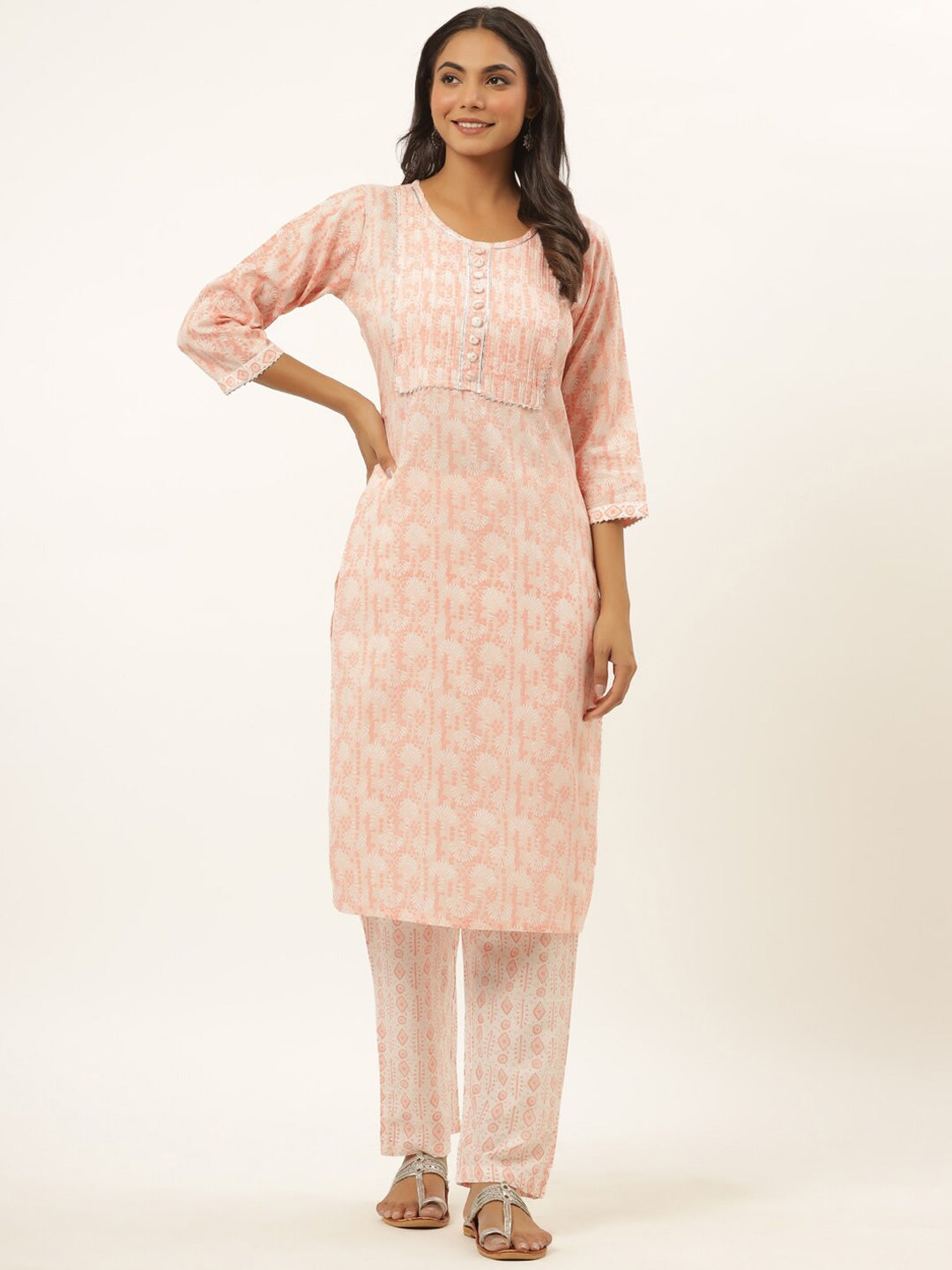 Peach Printed Kurta Set-Yufta Store-6506SETPCM