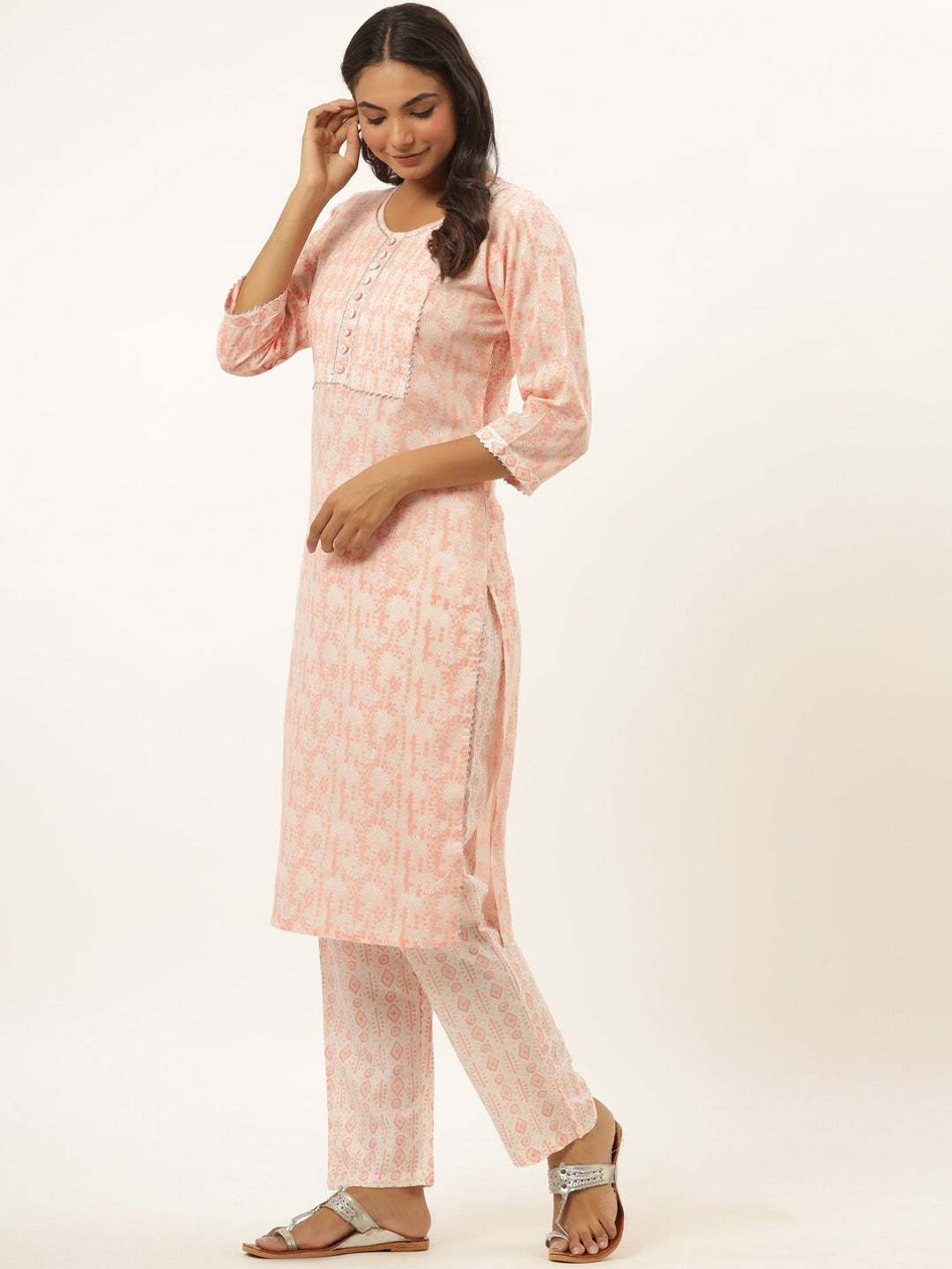 Peach Printed Kurta Set-Yufta Store-6506SETPCM