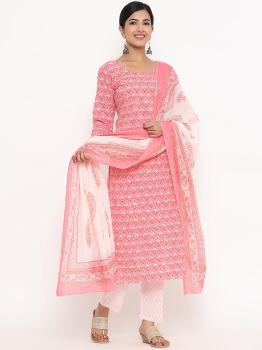 Peach Printed Pure Cotton Dupatta Set-Yufta Store-5506SKDPCS