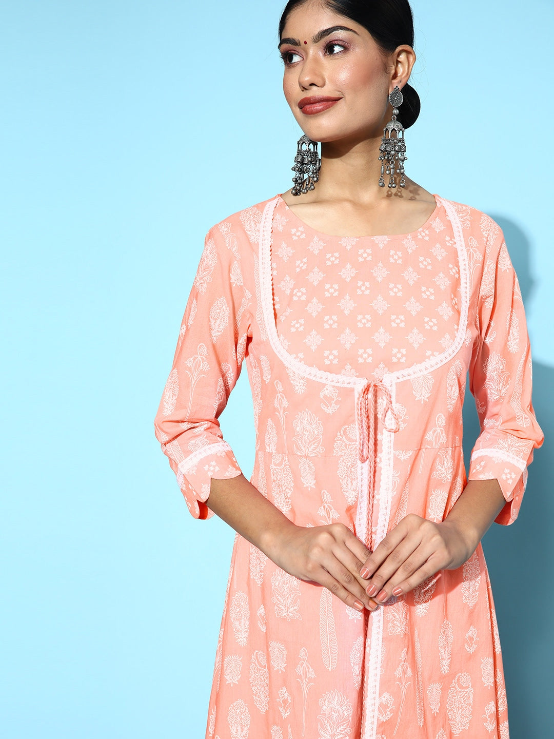 Peach & White Ethnic A-Line Midi Dress-Yufta Store-9585DRSPCS