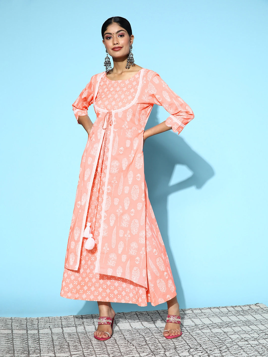 Peach & White Ethnic A-Line Midi Dress-Yufta Store-9585DRSPCS