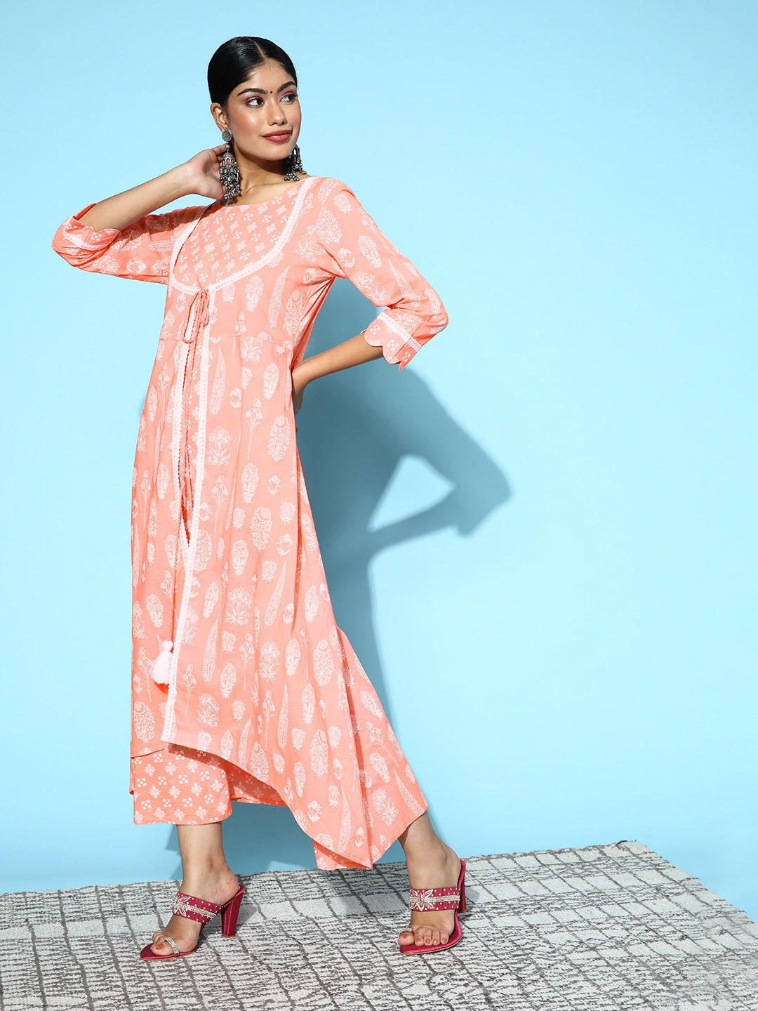 Peach & White Ethnic A-Line Midi Dress-Yufta Store-9585DRSPCS