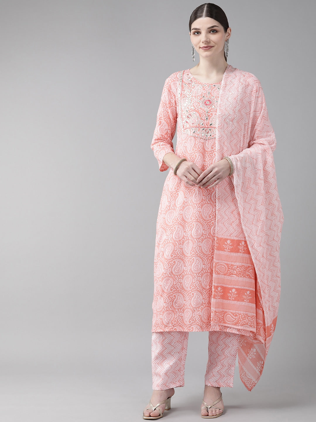 Peach Yoke Design Dupatta Set-Yufta Store-2032SKDPCS