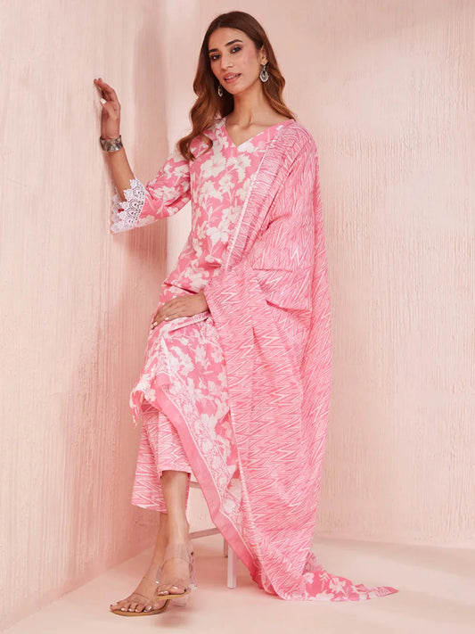 Pink And White Floral Print Lese Sleeves V-Neck Straight Kurta Trouser Set-Yufta Store-6862SKDPKS