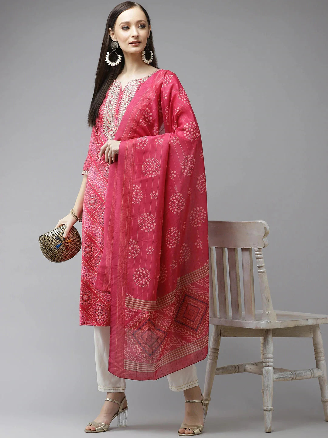 Pink Bandhani Printed Dupatta Set-Yufta Store-9343SKDPKS