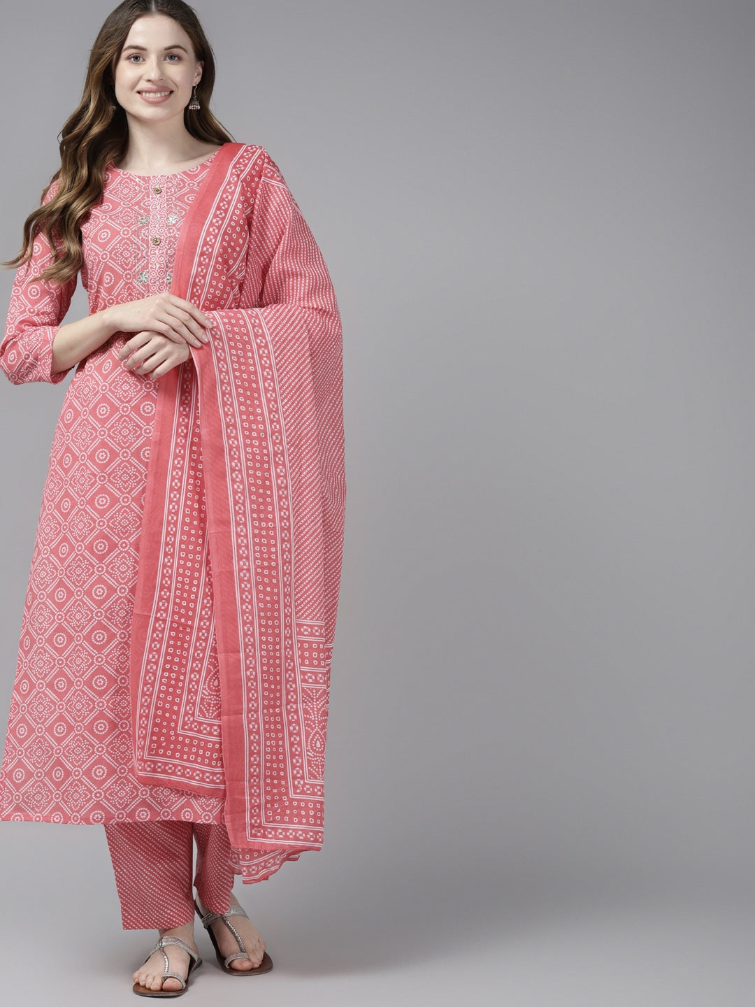 Pink Bandhani Printed Dupatta Set-Yufta Store-9391SKDPKS