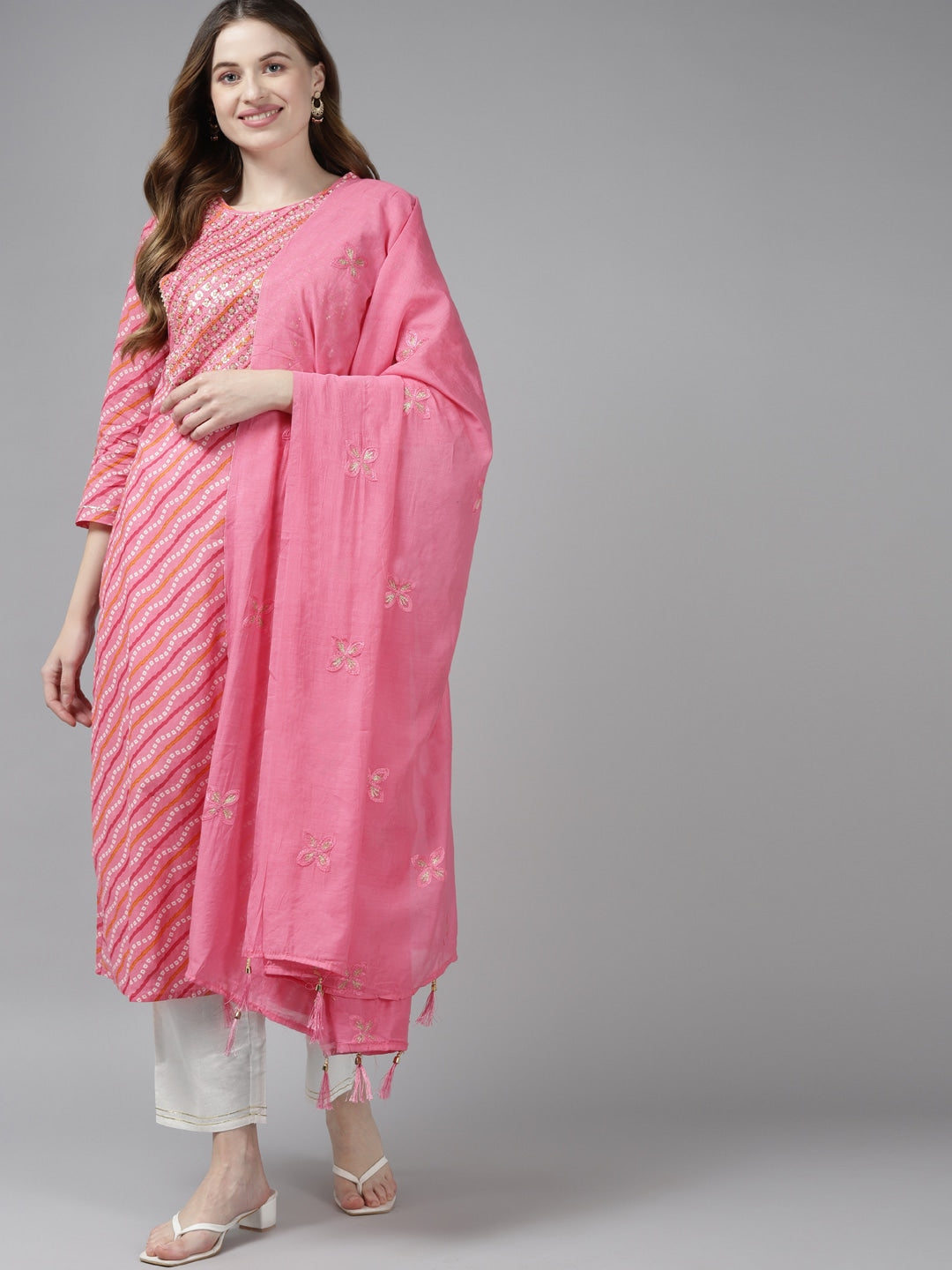 Pink Bandhani Yoke Design Dupatta Set