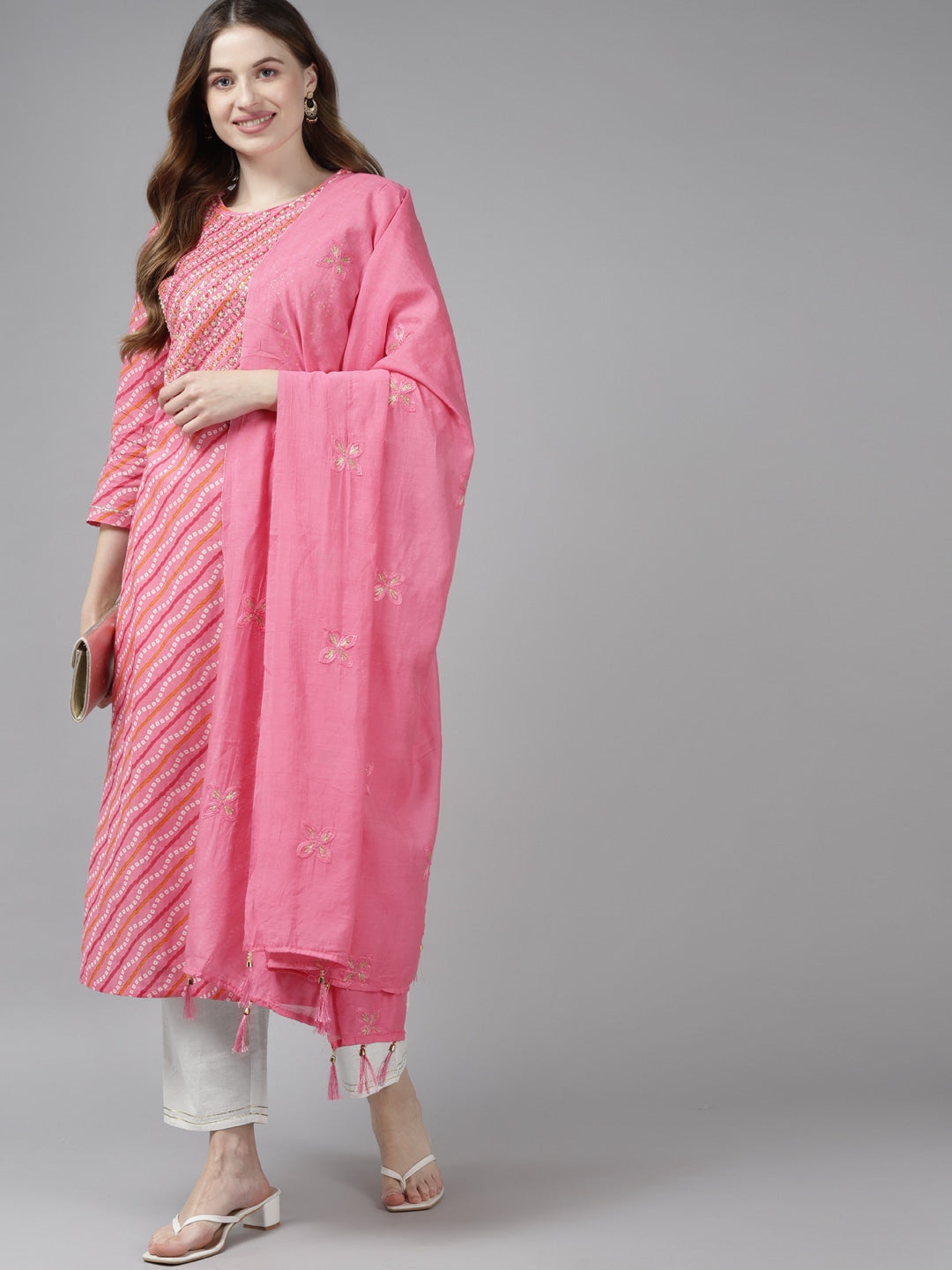 Pink Bandhani Yoke Design Dupatta Set