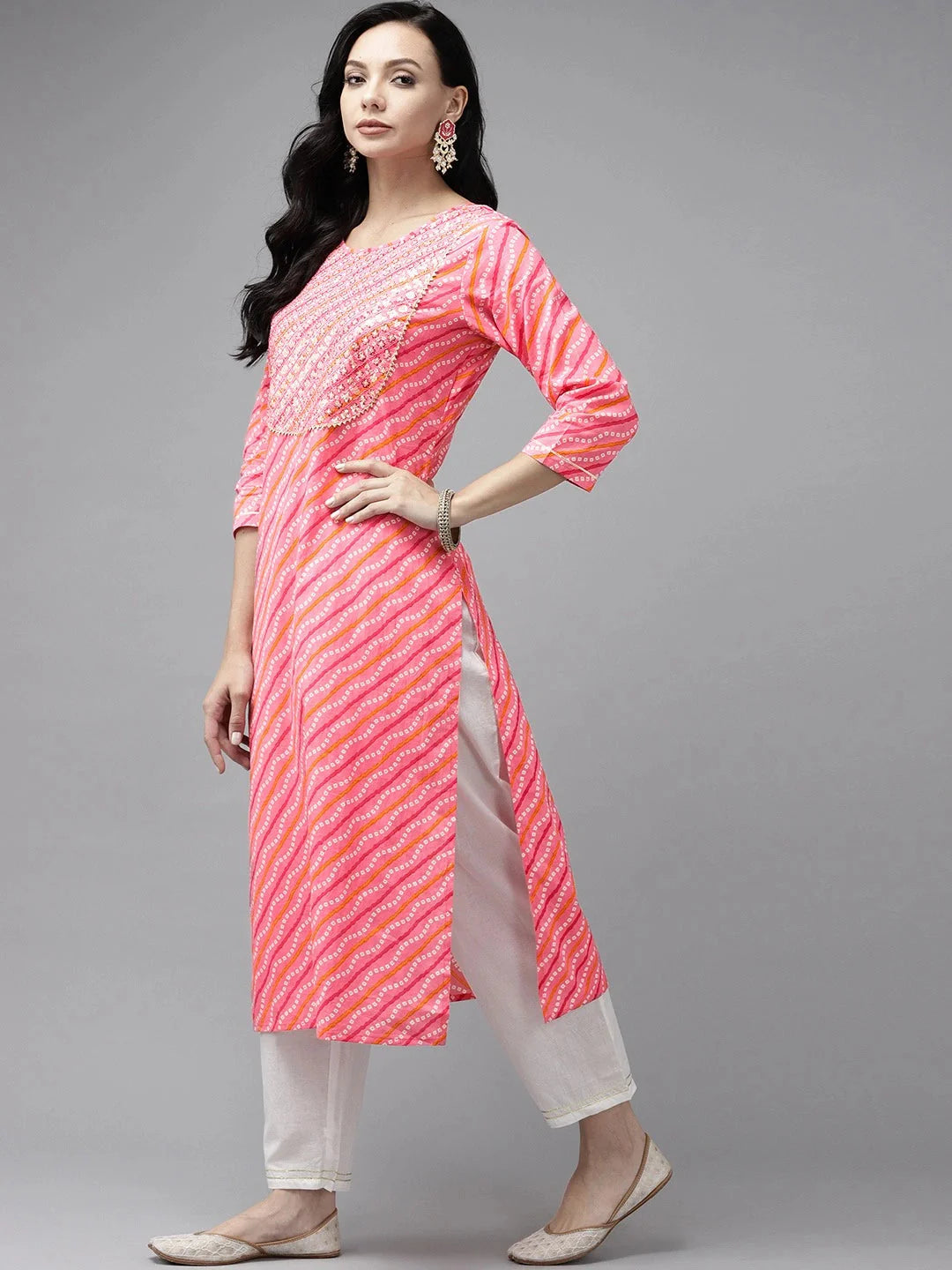 Pink Bandhani Yoke Design Kurta Set-Yufta Store-9325SETPKM