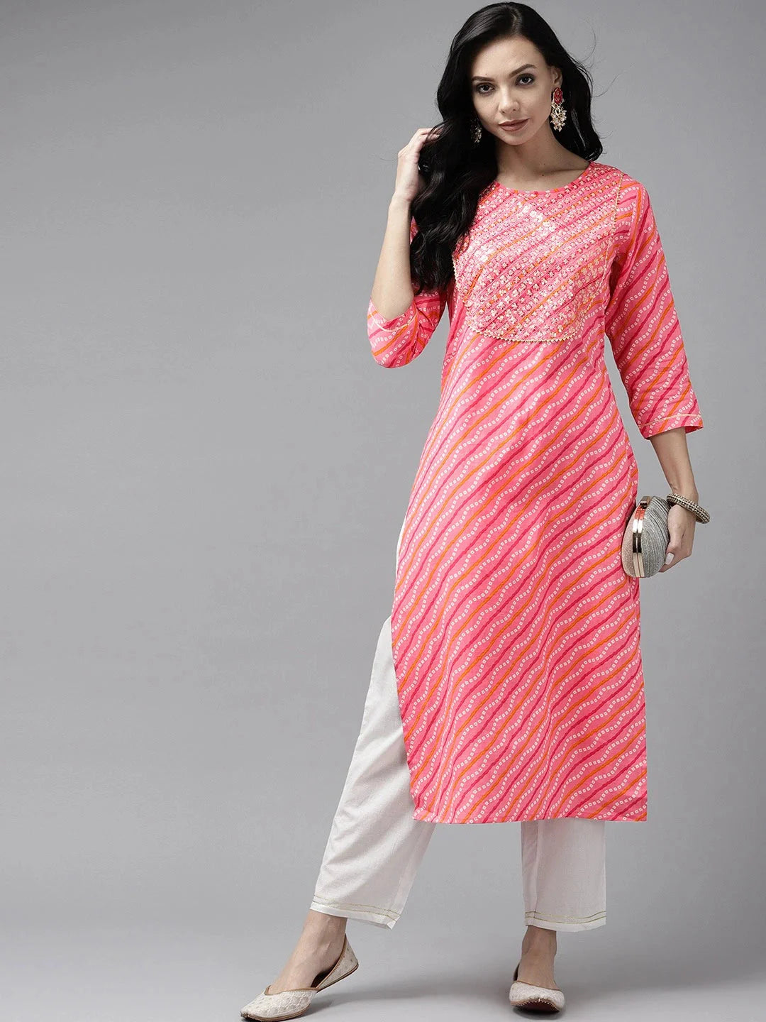 Pink Bandhani Yoke Design Kurta Set-Yufta Store-9325SETPKM