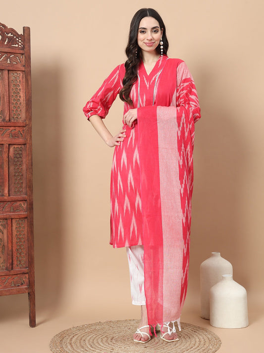 Pink Cotton Ikat Kurta Dupatta Set-Yufta Store-1890SKDPKS