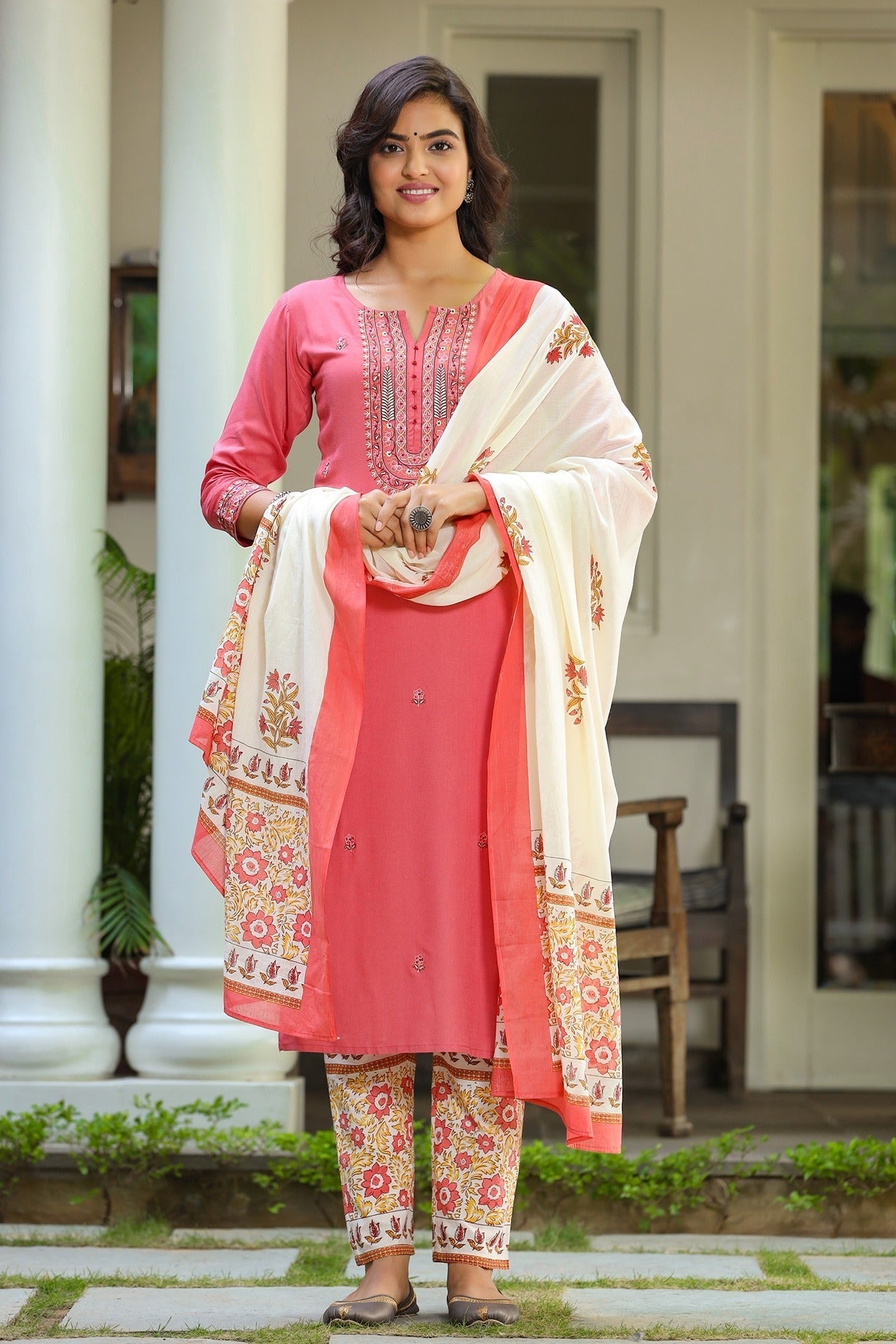 Pink & Cream Dupatta Set