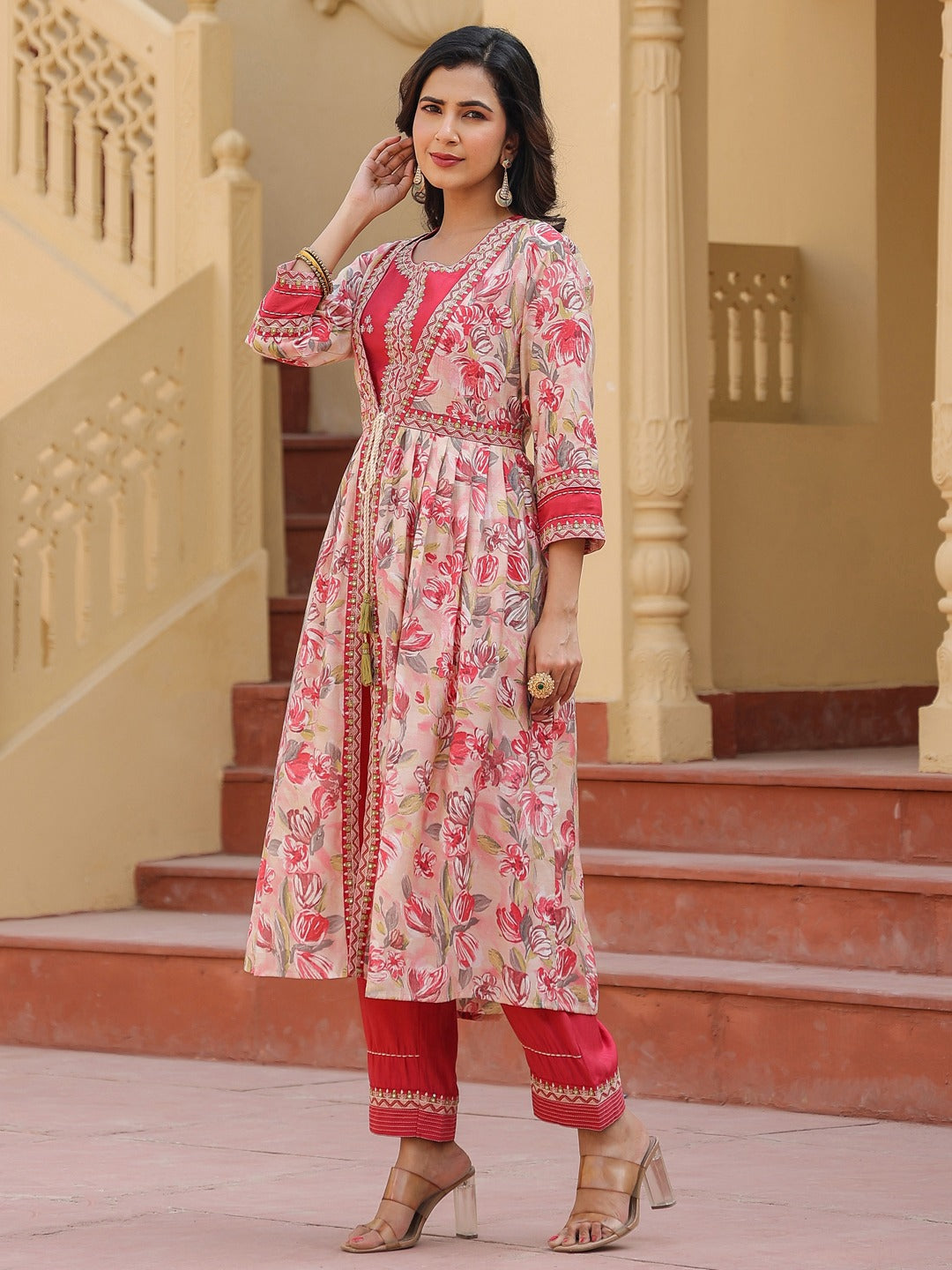 Pink Embroidered shrug Crop top co ord set-Yufta Store-1685CRDPKS