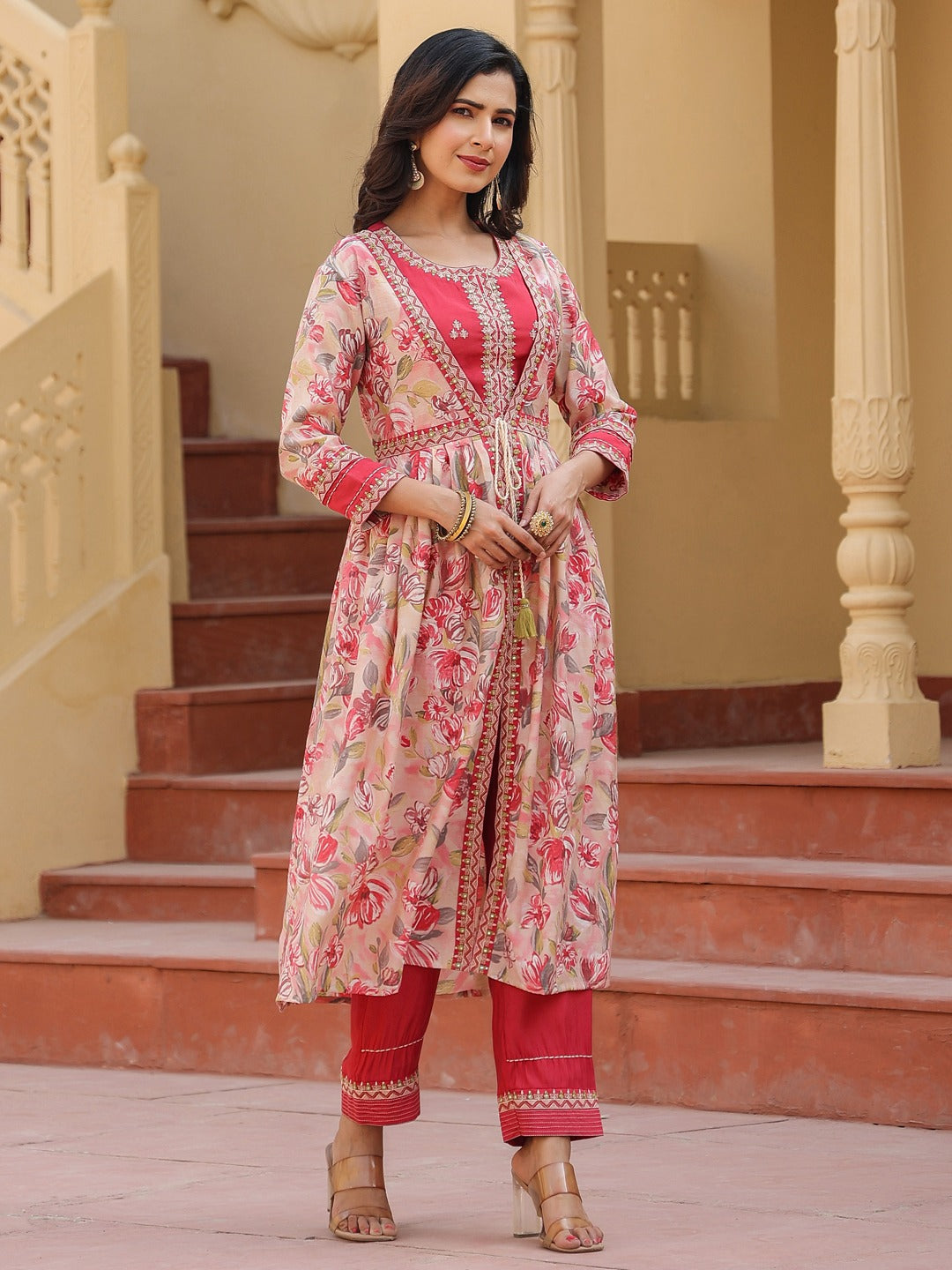 Pink Embroidered shrug Crop top co ord set-Yufta Store-1685CRDPKS