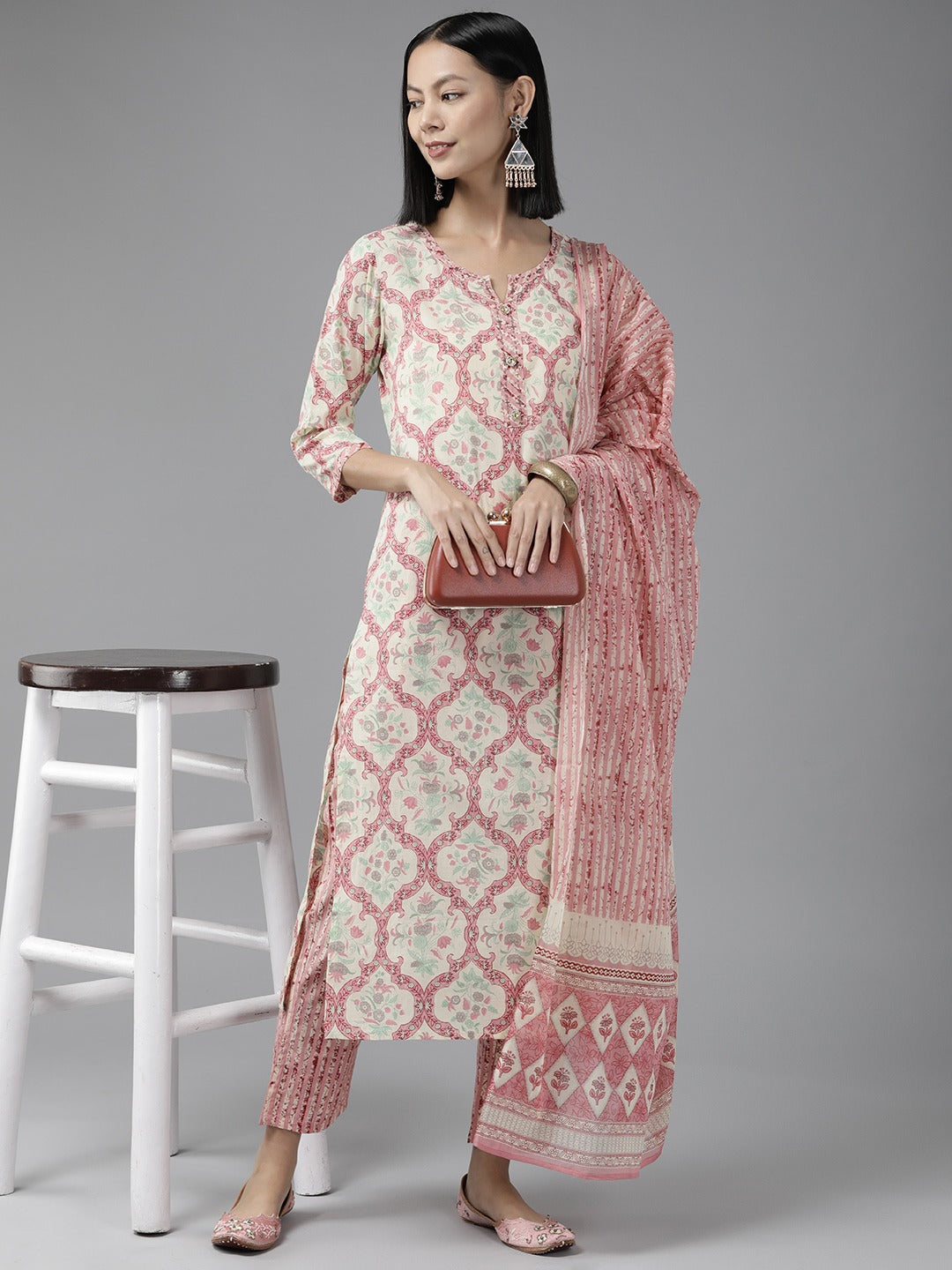 Pink Floral Embroidered Straight Cotton Kurta Dupatta Set-Yufta Store-1111SKDPKS