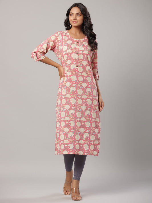 Pink Floral Print Straight Kurta-Yufta Store-4768KURPKS