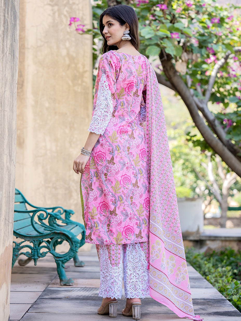 Pink Floral Print,Thread_Work Pakistani Style Kurta Trouser And Dupatta Set