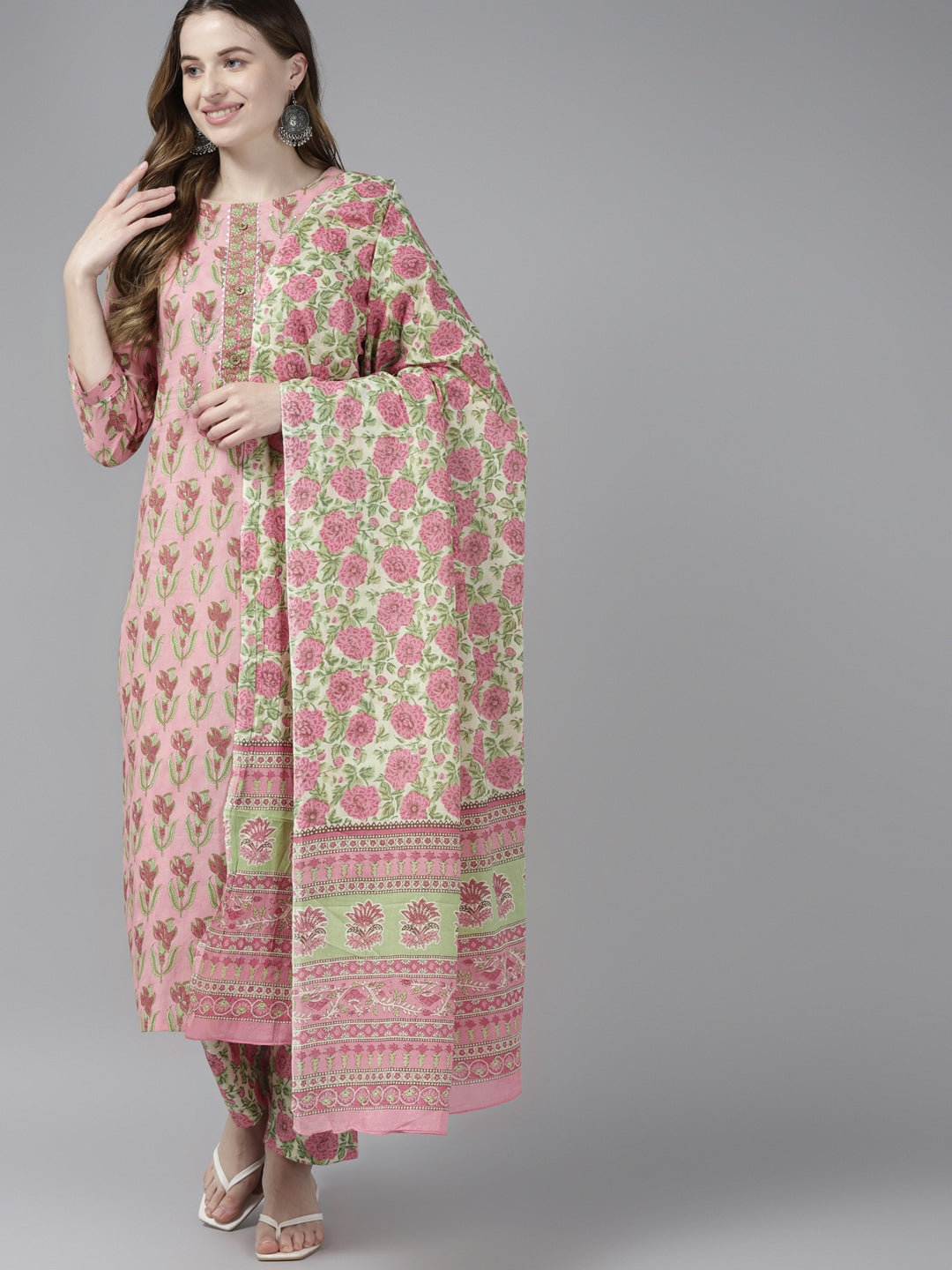 Pink & Green Floral Printed Dupatta Set-Yufta Store-9393SKDPCS