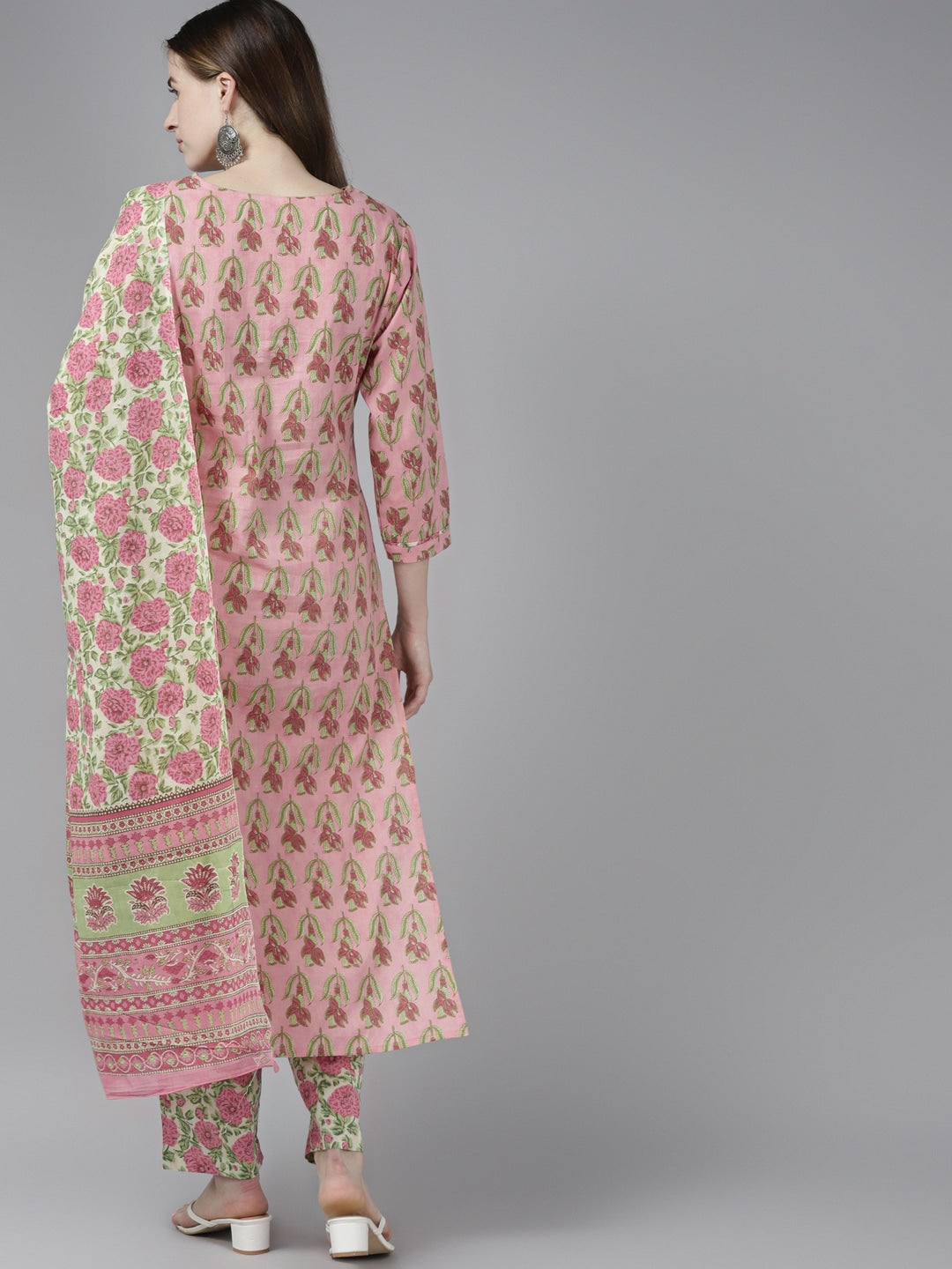 Pink & Green Floral Printed Dupatta Set-Yufta Store-9393SKDPCS