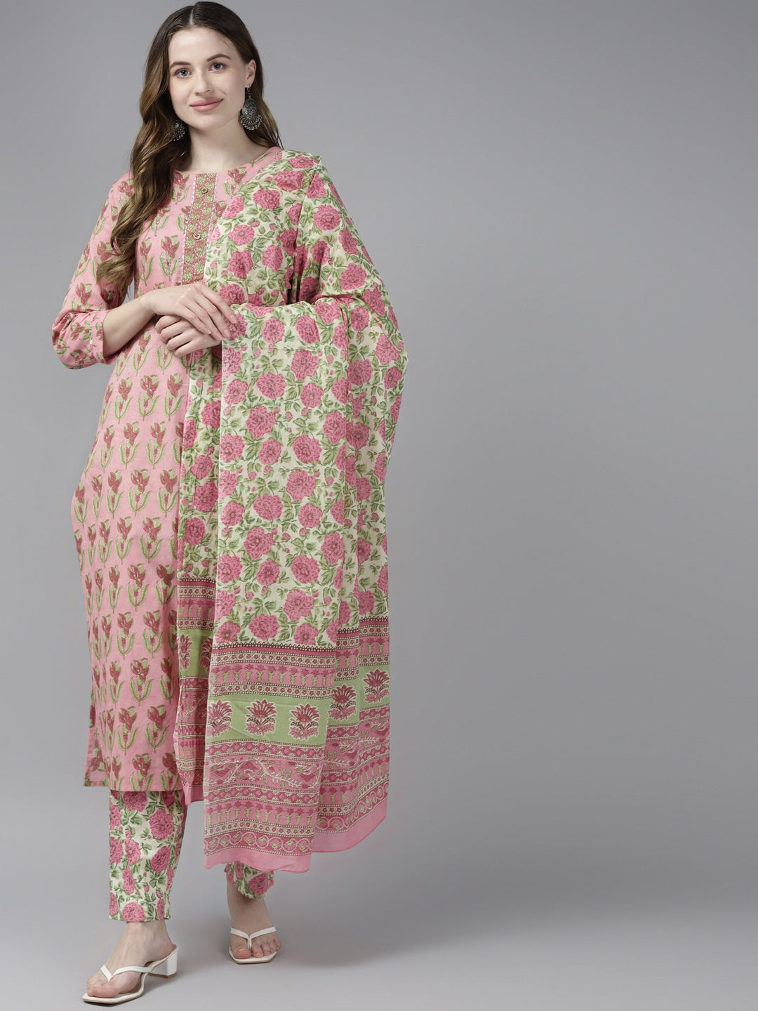 Pink & Green Floral Printed Dupatta Set-Yufta Store-9393SKDPCS