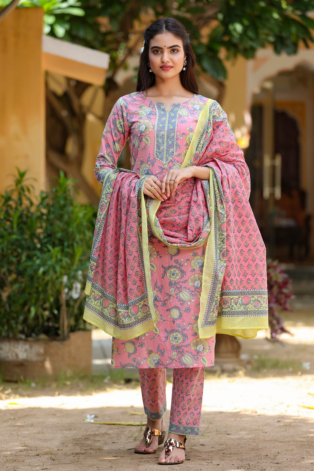 Pink Handblock Printed Dupatta Set-Yufta Store-3903SKDPCS