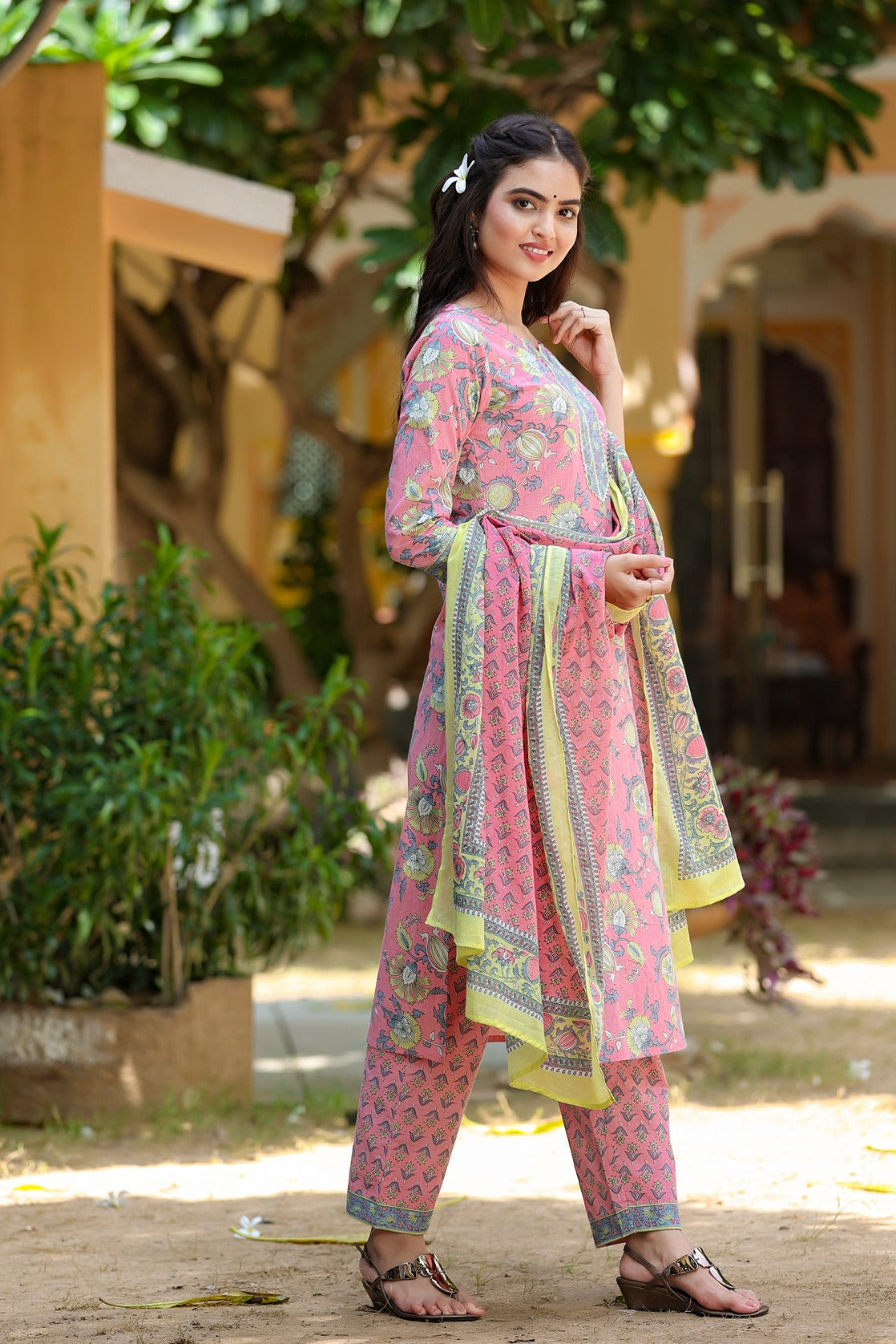 Pink Handblock Printed Dupatta Set-Yufta Store-3903SKDPCS