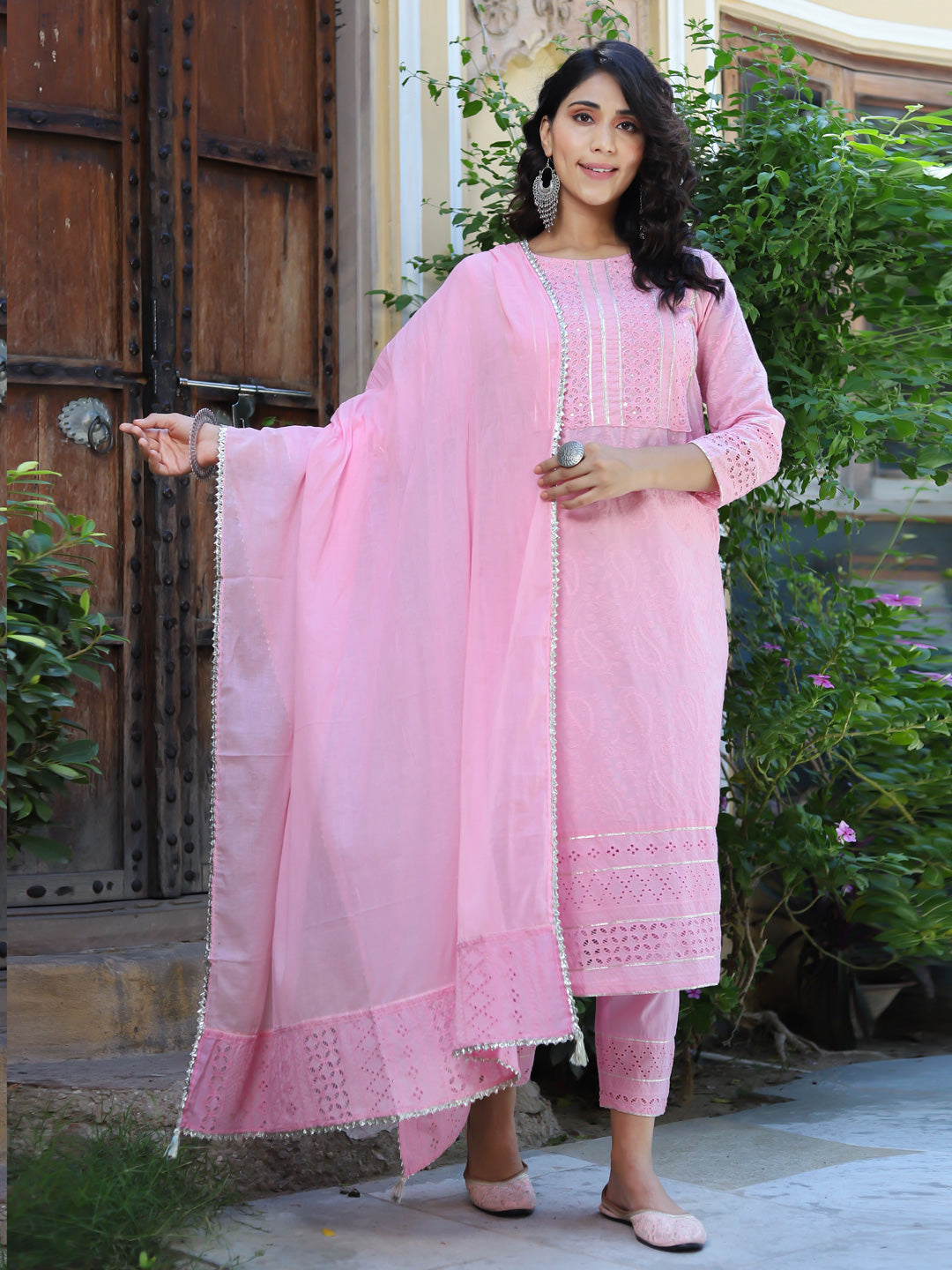 Pink Mirror Work Dupatta Set-Yufta Store-9857SKDPKS