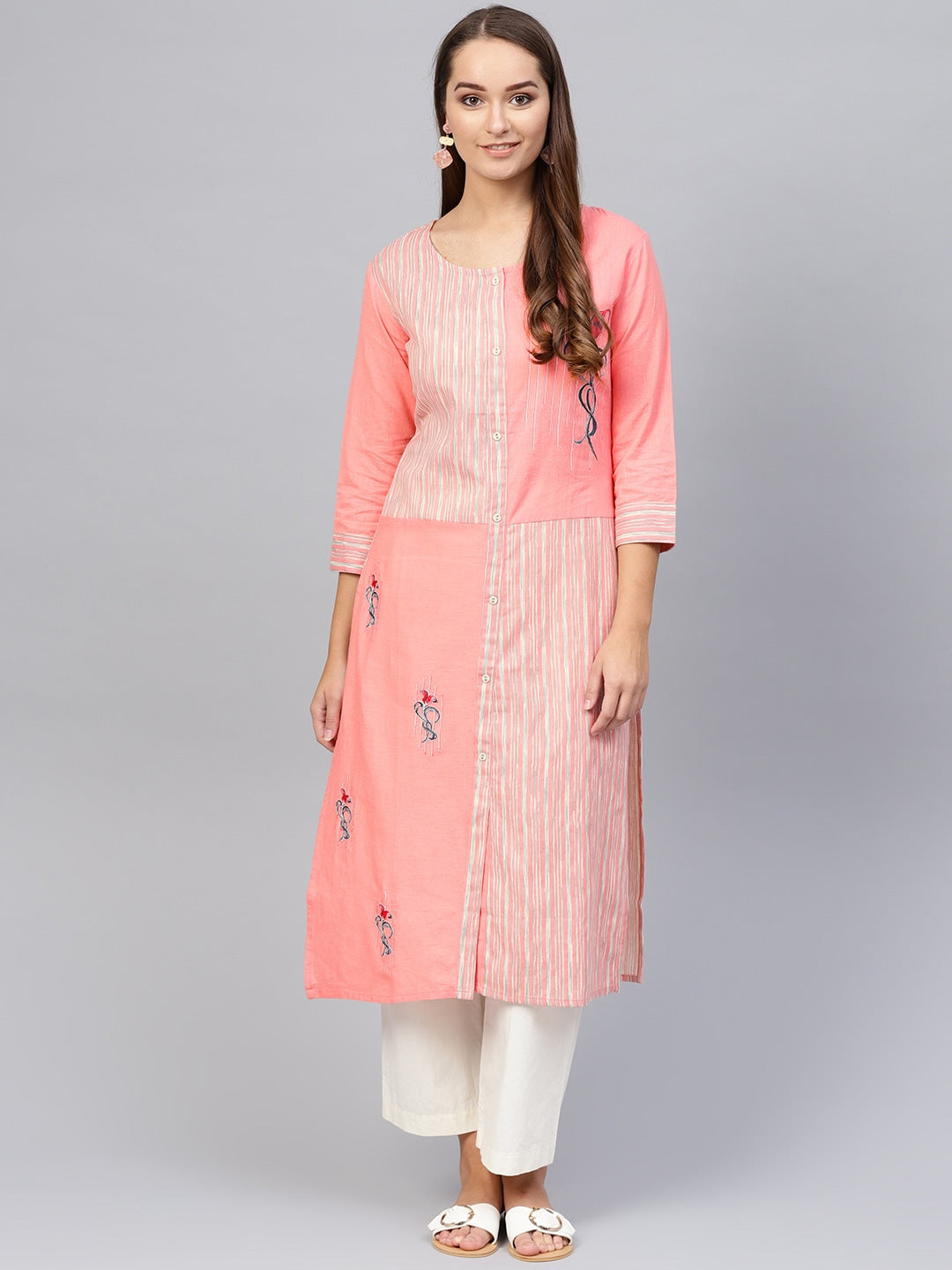 Pink & Off-White Striped Kurta